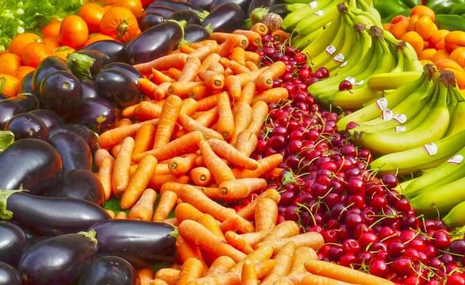 Fruits. vegetables, mushrooms, nuts